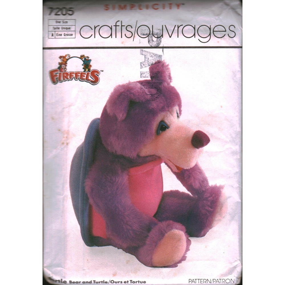 Simplicity 7205 Firffels Bertle Bear Turtle Plush Sewing Pattern Vintage 1985